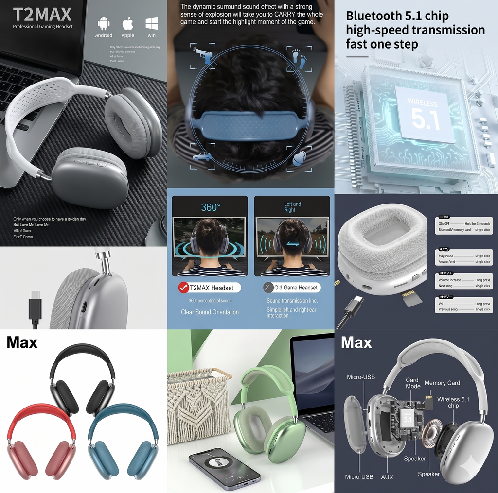 P9 Wireless Headphones Bluetooth 5.3 RGB Color Options