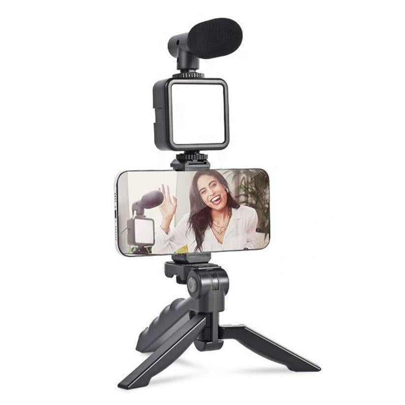 AY-49 Vlogging Video-Making Kit – 4-in-1 Smartphone Tripod Stand with LED Light & Mic