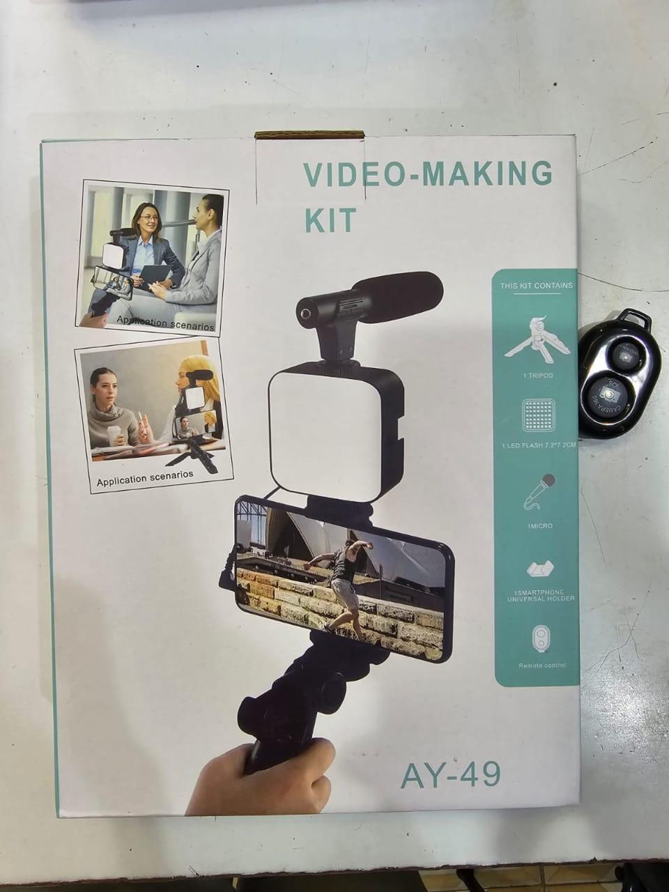 AY-49 Vlogging Video-Making Kit – 4-in-1 Smartphone Tripod Stand with LED Light & Mic