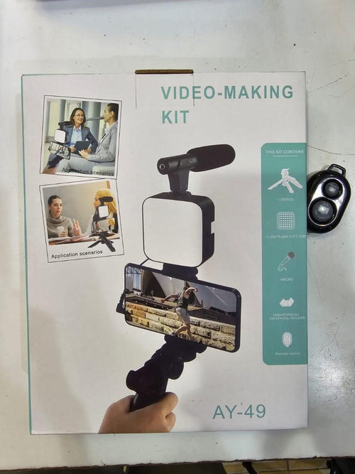AY-49 Vlogging Video-Making Kit – 4-in-1 Smartphone Tripod Stand with LED Light & Mic