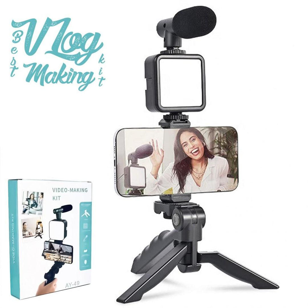 AY-49 Vlogging Video-Making Kit – 4-in-1 Smartphone Tripod Stand with LED Light & Mic