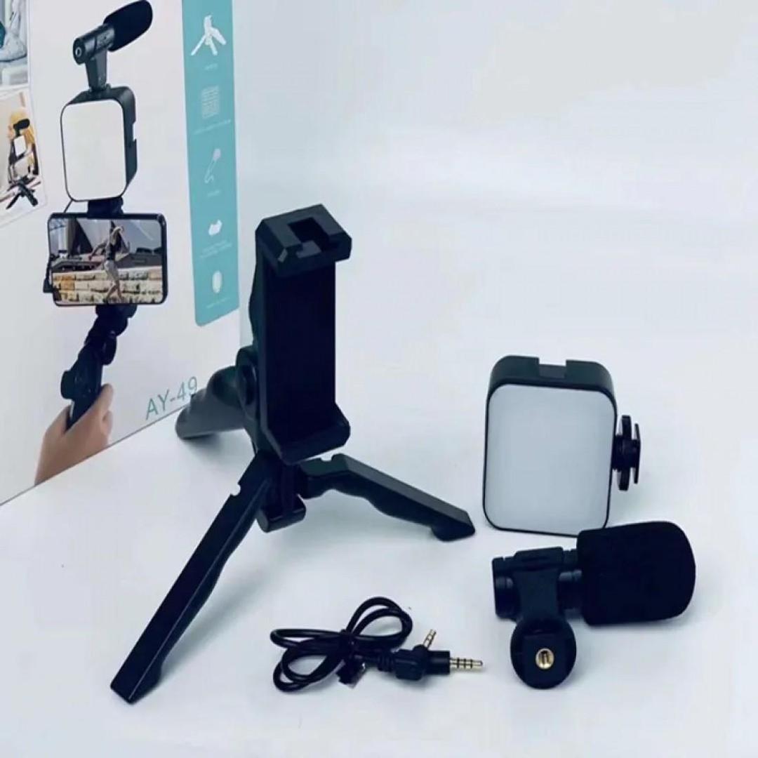 AY-49 Vlogging Video-Making Kit – 4-in-1 Smartphone Tripod Stand with LED Light & Mic
